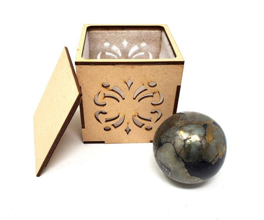 40-55mm PYRITE Gemstone Sphere with wooden Box