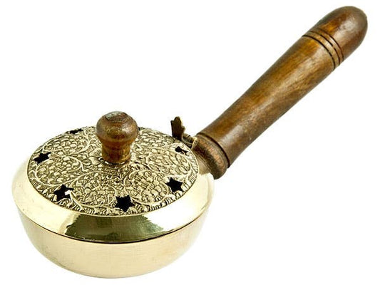 Carved Brass Censer Burner with Wooden Handle - 8.5"L, 3.5"D