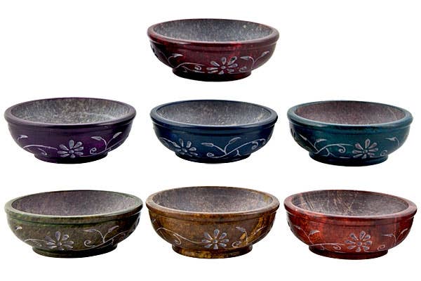 7 Pieces Floral Carved Chakra Color Bowl Burner Set - 4"D, 1