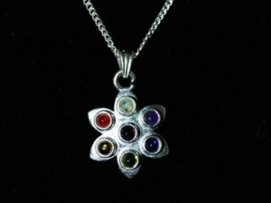 Flower Chakra 7 Stone White Metal Pendant 1"D