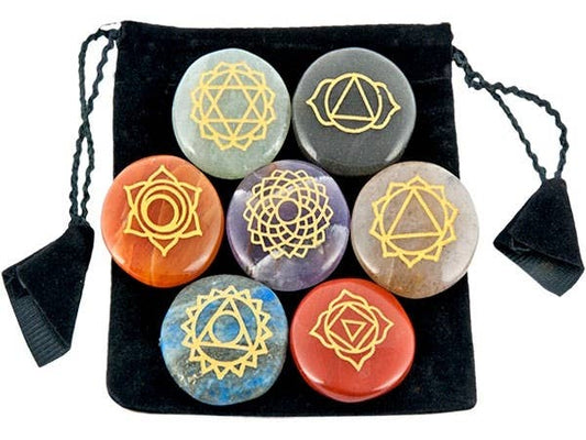 Carved 7 Chakra Round Set in Velvet Pouch