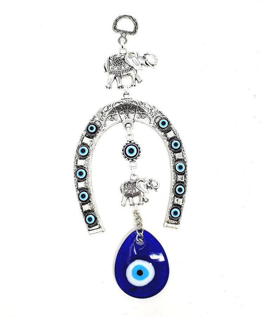 Elephant Horse Shoe w/Evil Eye Wall Hanging 8"H, 3.5"W