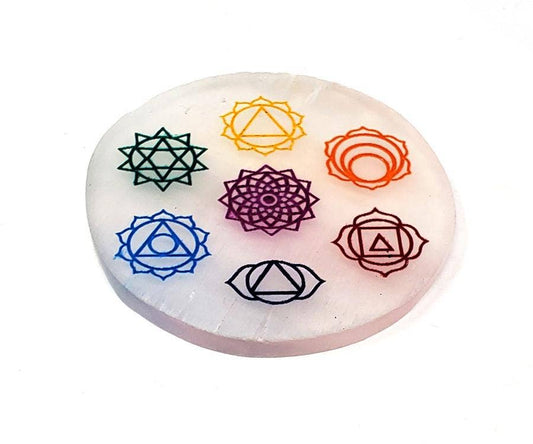 Selenite Coaster/Altar Tile - 7 Chakra 3"