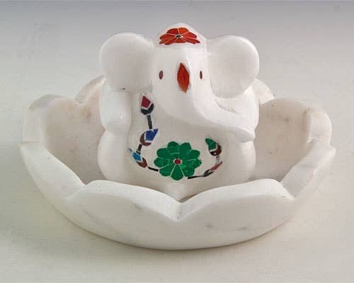 White Marble Ganesh Inlaid With Lotus Bowl Burner - 4x4x2.5