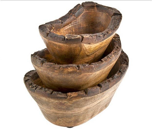 3 Pieces Nested Wooden Tray/Bowl with Natural Bark Set