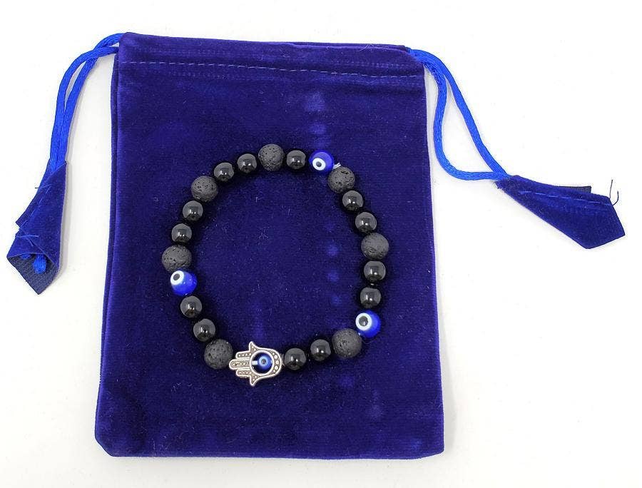 Evil Eye & Lava Bead Gemstone Bracelet with Hamsa Metal Bead