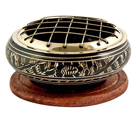 Brass Carved Screen Charcoal Burner with Coaster - 3"D