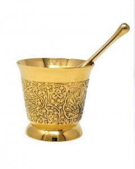 Brass Carved Mortar & Pestle 3"D 2.75"H