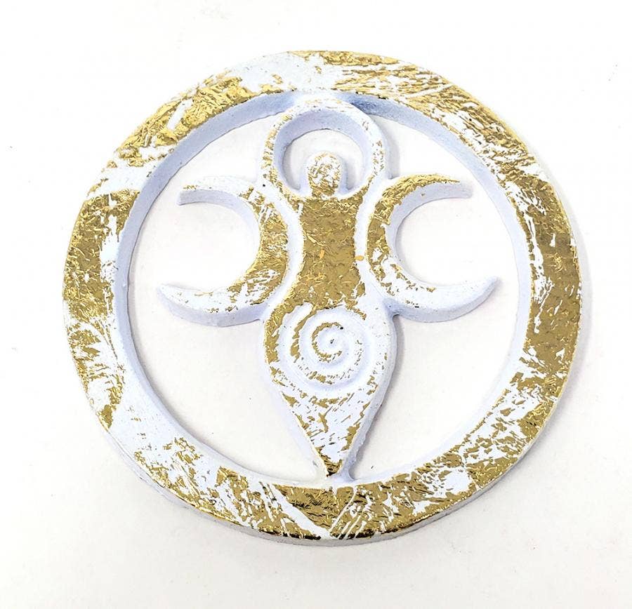 GODDESS Metal Altar Tile 4" Diameter White w/Gold Finish