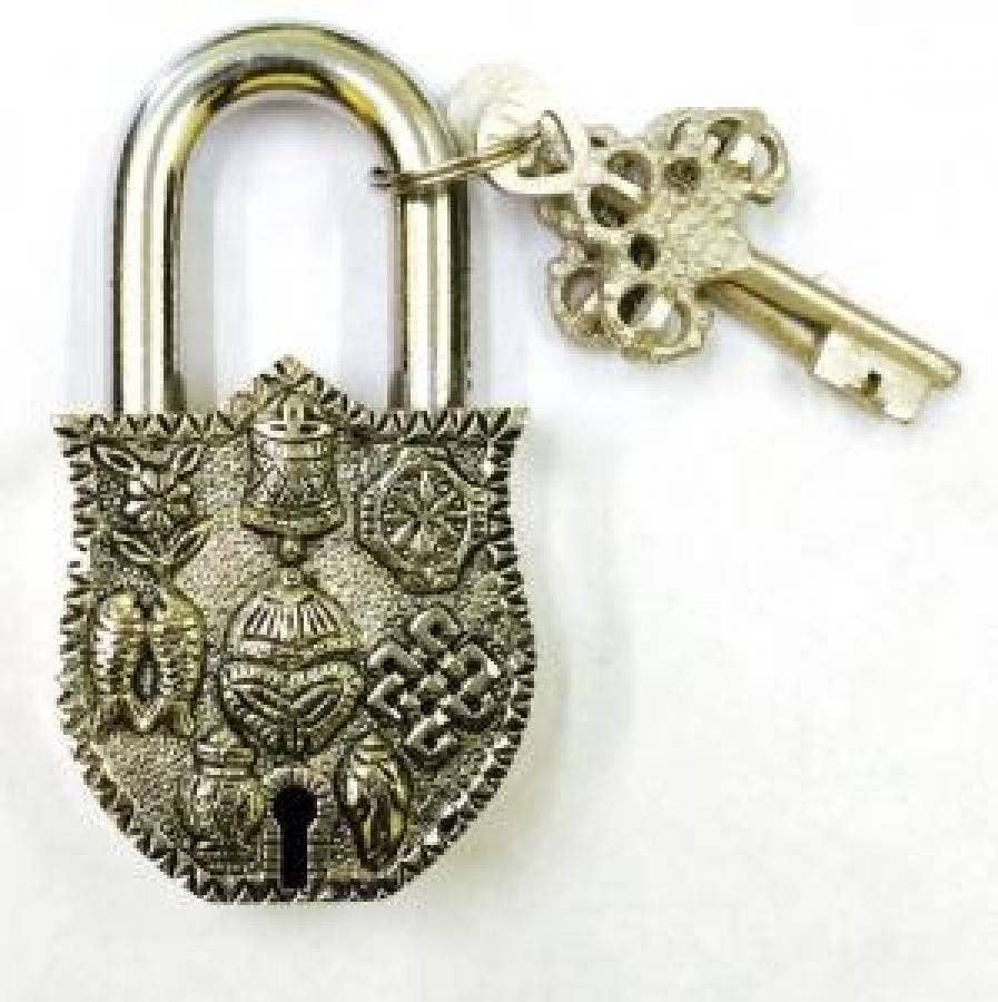 Tibetan 8-Auspicious Symbol Silver Antique Brass Lock 4"H 2.