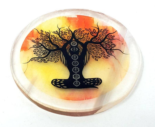 Selenite Coaster/Altar Printed Tile -Chakra Tree of Life 3"