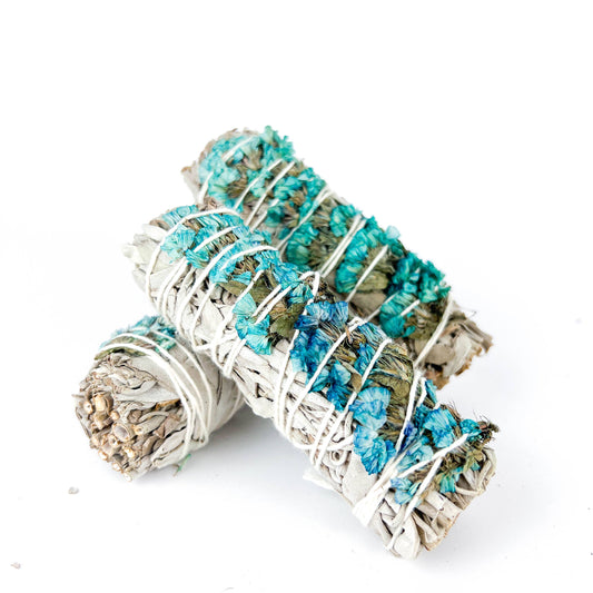 BLUE Sinuata Flowers with White Sage 4" smudge sticks