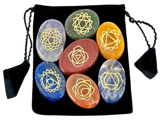 Carved 7 Chakra Worry Stone Set in Velvet Pouch