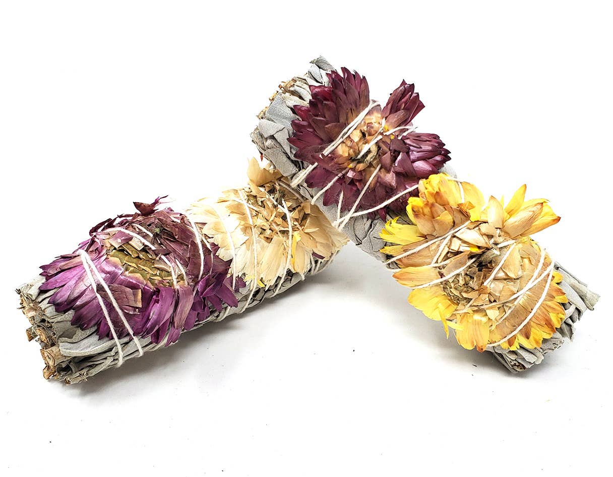 White Sage Smudge Stick Decorated "Paperflower" 4" sunflower