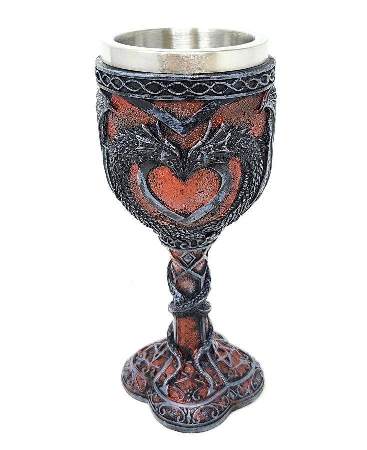 Medieval Double Dragon Heart Goblet 7.5"H w/ Stainless Steel