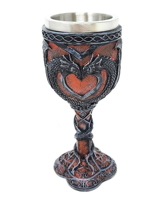 Medieval Double Dragon Heart Goblet 7.5"H w/ Stainless Steel