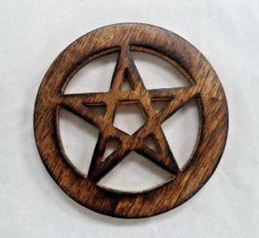 Pentagram Carved Wooden Altar Tile 4" Round