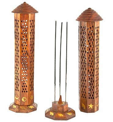 2 Pieces Brass Inlay with Jali Wooden Tower Sticks/Cone Burn