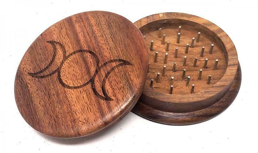 Triple Moon Carved Wooden Herb Grinder 3" Round (6 Pc) Metal Teeth