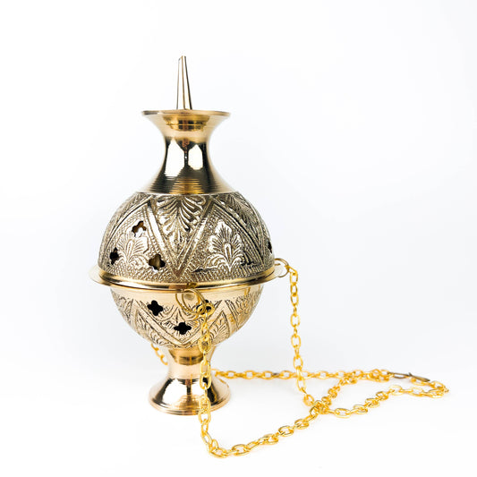 Carved Brass Hanging Censer Burner - 7"H