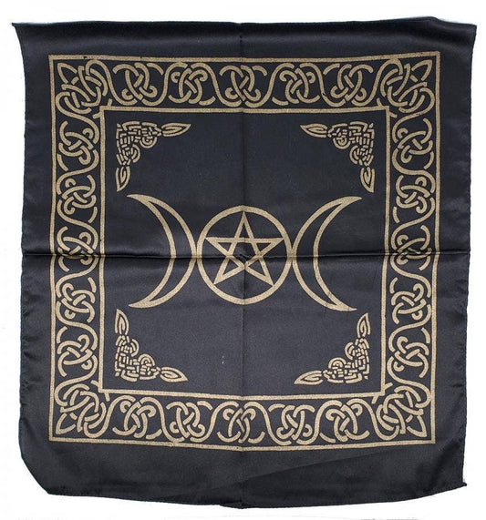 Triple Moon with Pentagram Altar Cloth Golden print on Black