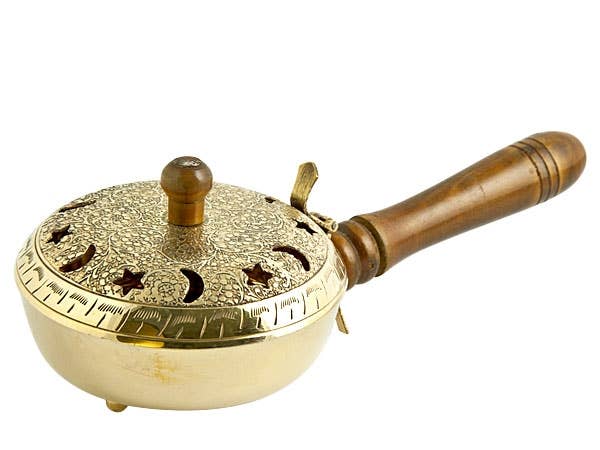 Moon/Star Brass Censer Burner with Wooden Handle - 9.5"L, 3H