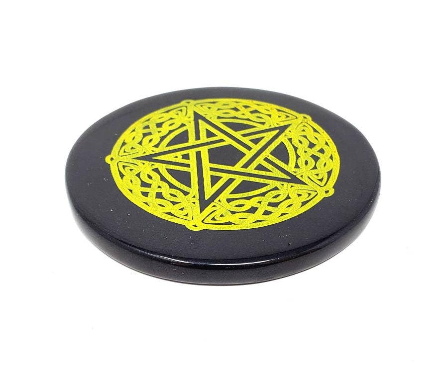 Black Agate Coaster/Altar Tile - Celtic Pentagram 3"